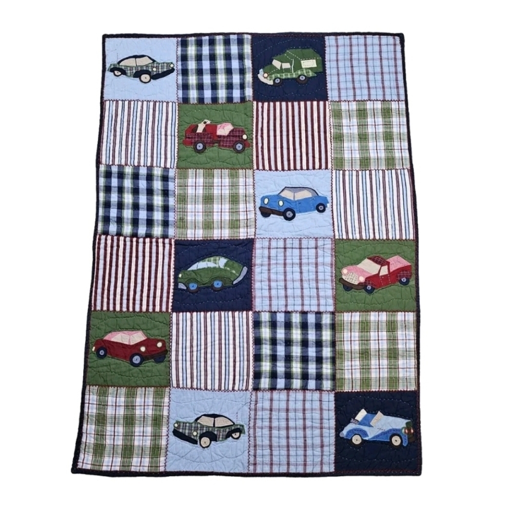 POTTERY BARN KIDS Cars Trucks Dog Patchwork Plaid Stripes Twin QUILT 2005